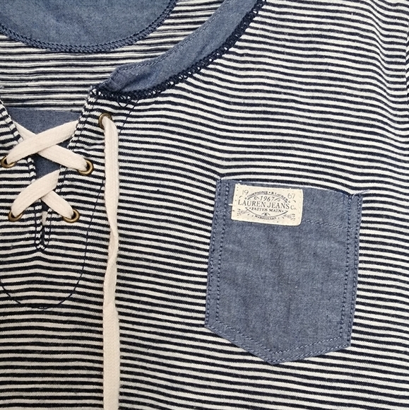 Lauren Jeans blue white stripe short sleeve t-shirt lace up front tie Large - Picture 5 of 5
